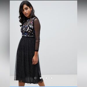 Frock and Frill | galactic long sleeve star print midi dress in black